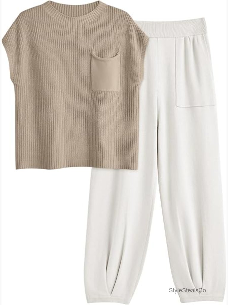 Medium Cotton Sweatsuit Set With Crew Neck Top And Tapered Pants